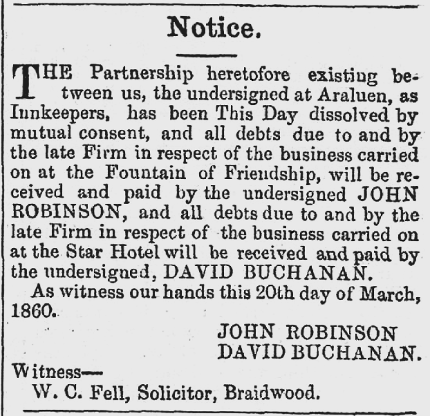 The separation of proprietors (and debts) for the Fountain of Friendship Inn, and Star Hotel in March 1860