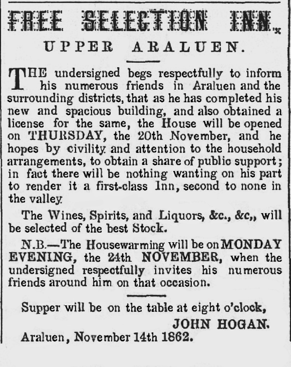 An advertisement for the opening of the The Free Selection Inn, opening Thursday 20 November 1862