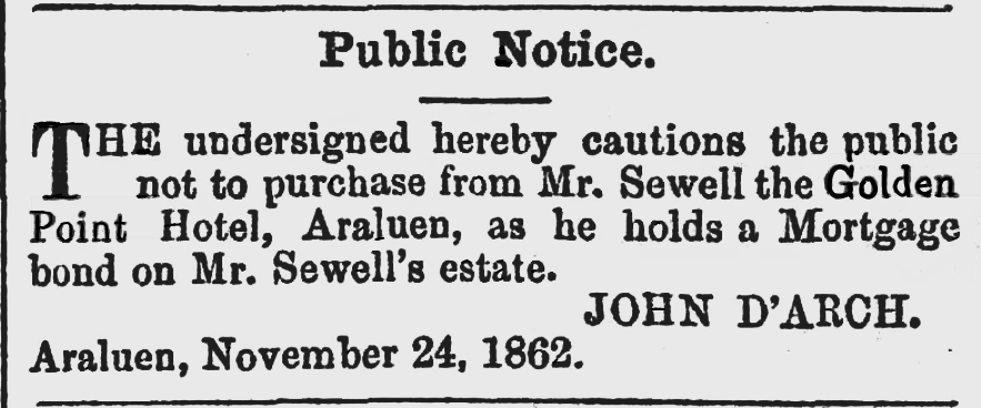 A Public Notice regarding the Golden Point Hotel placed November 1862