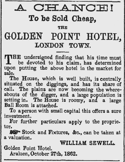 The Golden Point Hotel advertised For Sale in October 1862