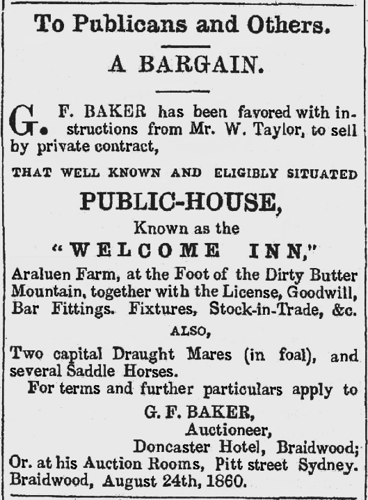 An advertisement for the sale of William Taylor's Welcome Inn in August 1860