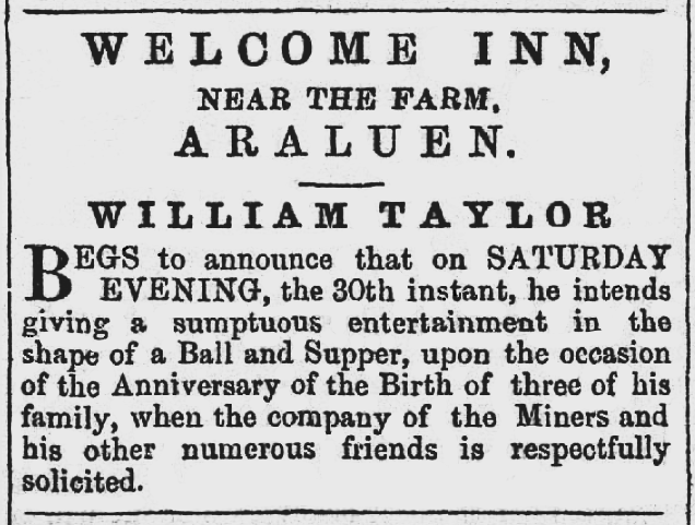 An advertisement for the Welcome Inn - Ball and Supper to be held 30 June 1860.