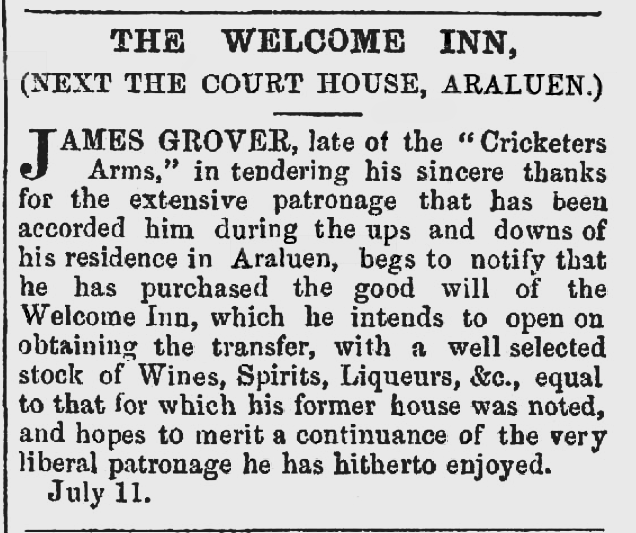 An advertisement noting the transfer of license to James Grover for the Welcome Inn, Burketown, July 1862