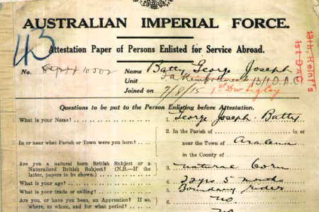 The attestation paper for George Joseph Batty (1893-1959) upon his enlistment in August 1915.