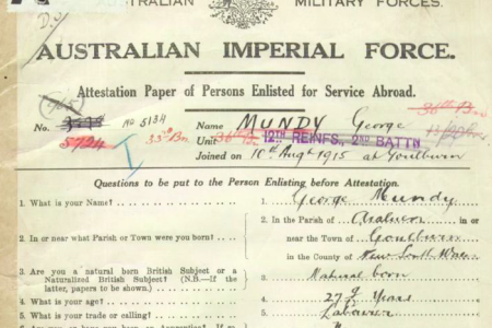 The attestation paper for George Mundy (1886-1968) upon his enlistment in August 1915.