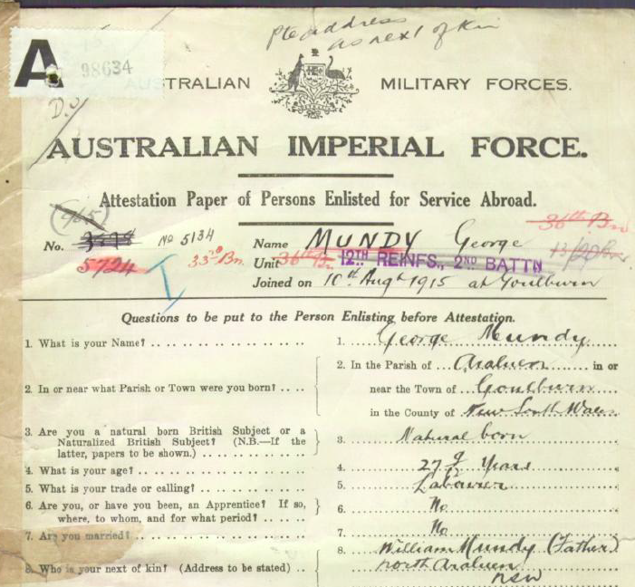 The attestation paper for George Mundy (1886-1968) upon his enlistment in August 1915.