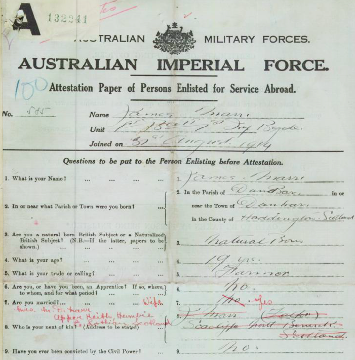 The attestation papers for James Marr (1896-1974) upon enlistment in August 1914.