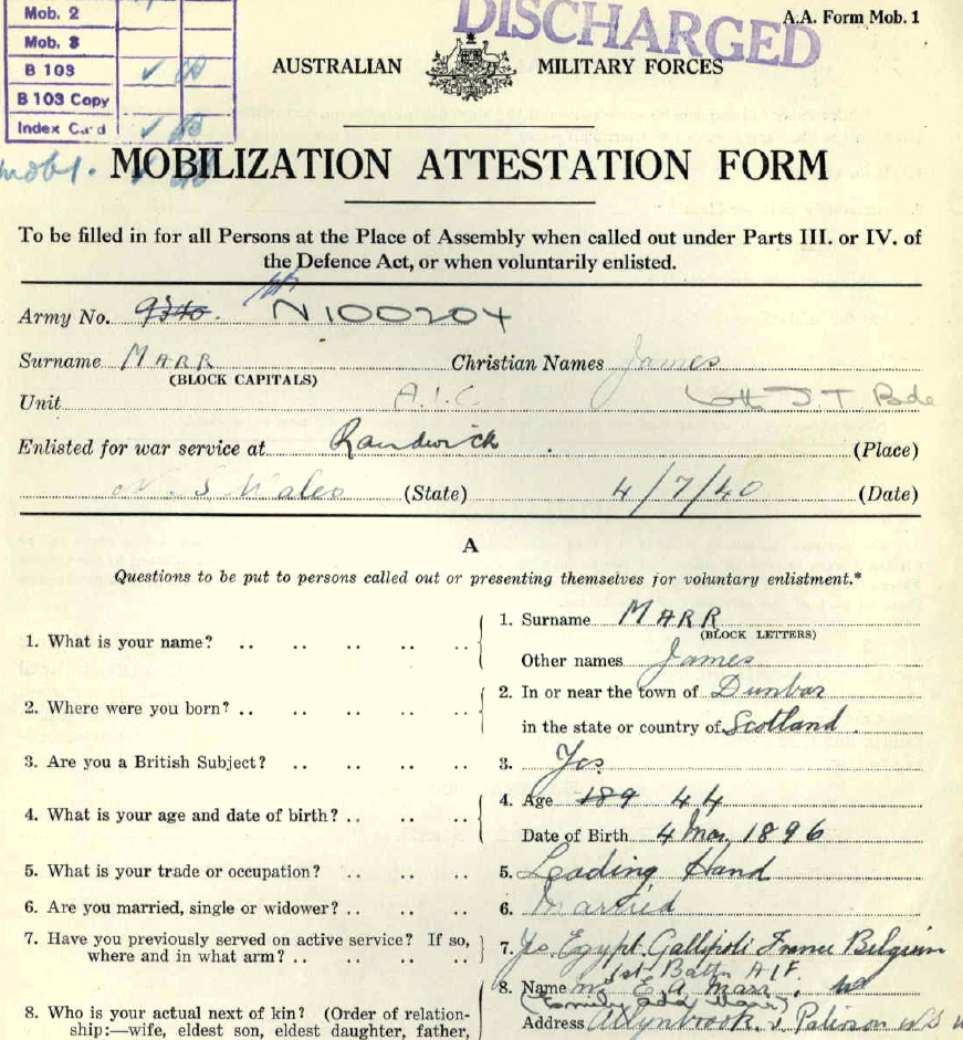 The attestation papers for James Marr (1896-1974) upon enlistment in July 1940.