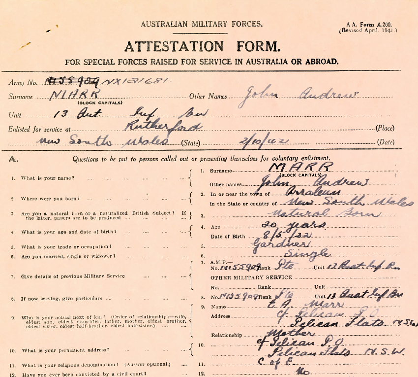 The attestation papers for John Andrew Marr (1922–2003) upon enlistment in October 1942.