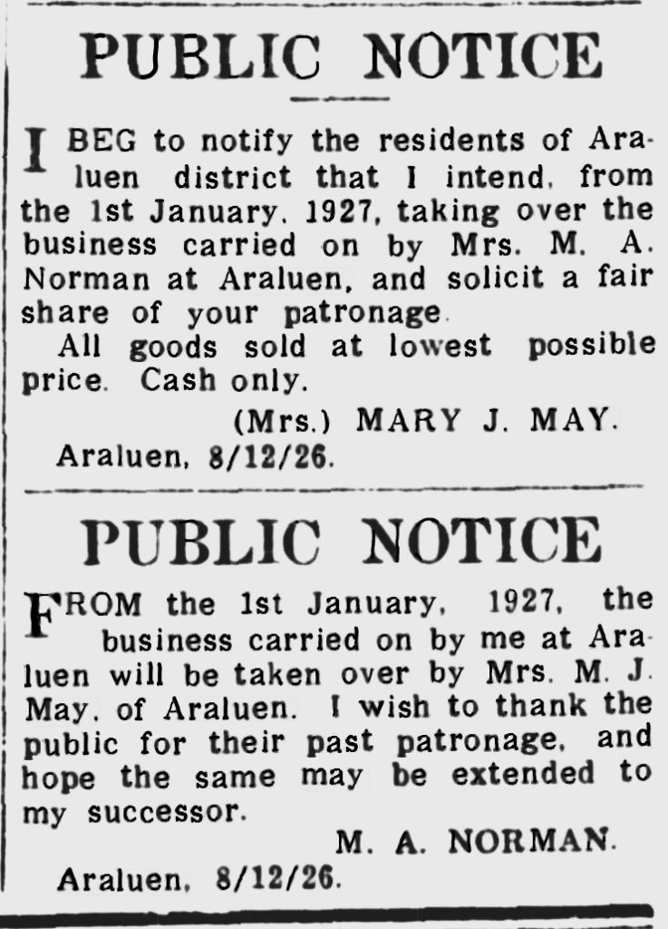 A Public Notice advertisement for the Change in business ownership to Mrs Mary May on 1 January 1927