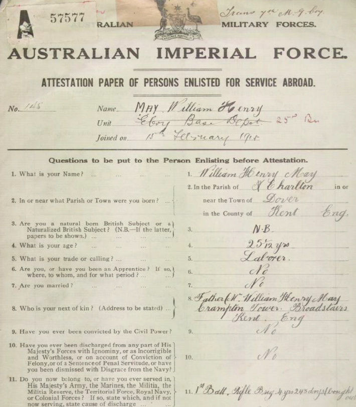 The attestation paper for William Henry May (1891-1960) upon his enlistment in February 1915.