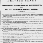 An advertisement dated 1859, detailing the conditions on which license were to be issued on the private lands of Hassall & Roberts and H.C. Burnell.