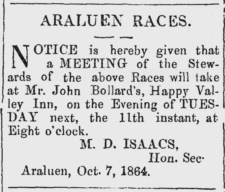 A Notice of the planned meeting for the Stewards of the 1864 Araluen Races