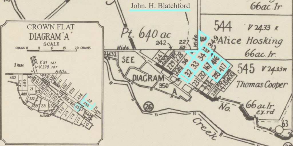 A map showing John H. Blatchford's land portions at Crown Flat