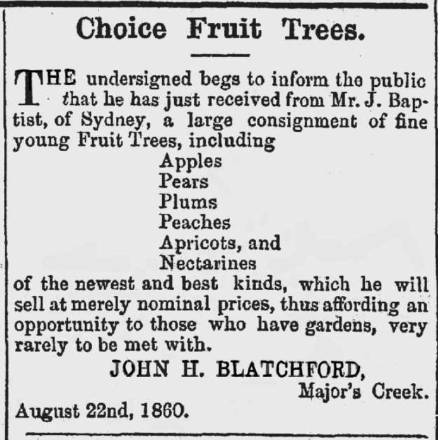 An advertisement for Fruit trees - for sale in 1860