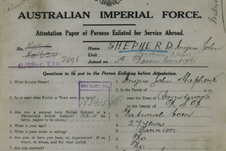 A picture of the attestation paper for Angus John Shepherd (1889 - 1971) upon enlistment in Nov 1916.