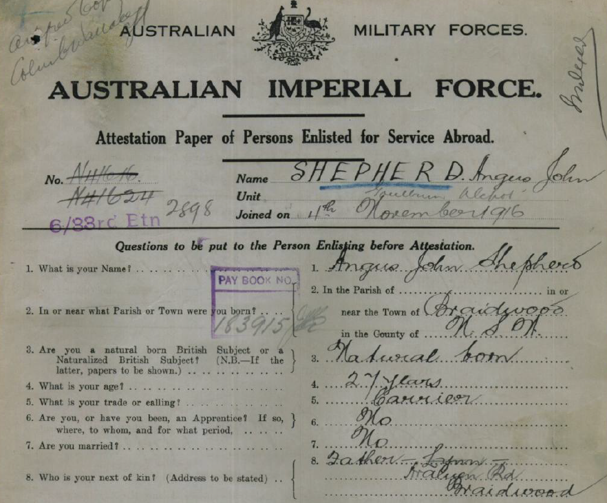 A picture of the attestation paper for Angus John Shepherd (1889 - 1971) upon enlistment in Nov 1916.