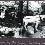 A photograph of a family group in a 4-wheel carriage being drawn by 2 horses crossing the river at Big Oakey Creek.