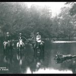 A photograph of 4 men and a toddler posed mid-crossing on a quiet, tree-lined stretch of the Deua River. From left to right they are: Nicholas Byrne; Bill Rankin; Lester Blanchard; Alan Rankin Snr who has the toddler, Phyllis Berringer on his lap in the saddle