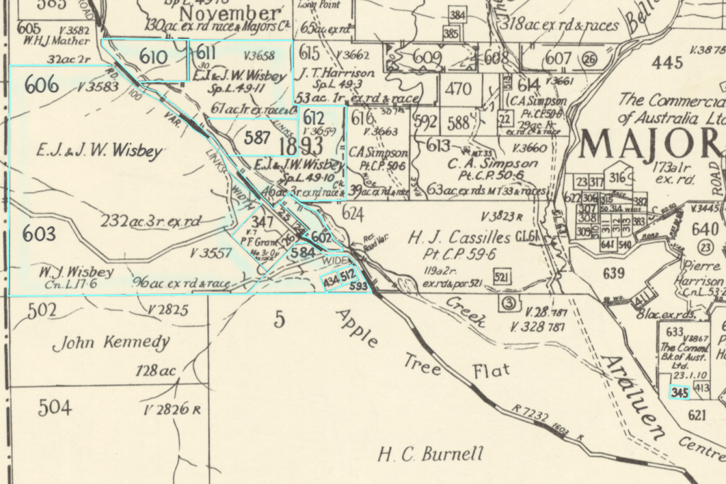 A map showing the Wisbey families land portions at North Araluen