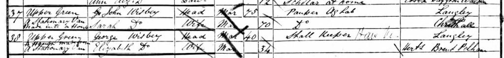 The 1851 English Census records showing John and Sarah Wisbey in Langley, Essex.