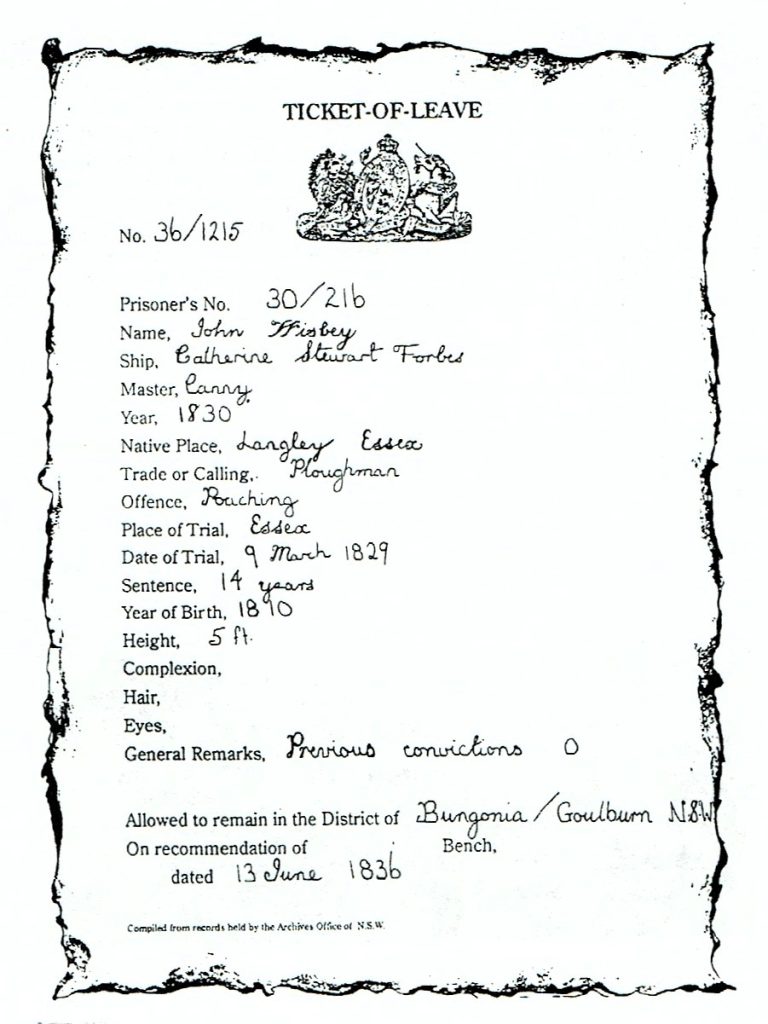 A copy of the Ticket of Leave dated June 1836 for John Wisbey (1810 – 1861)