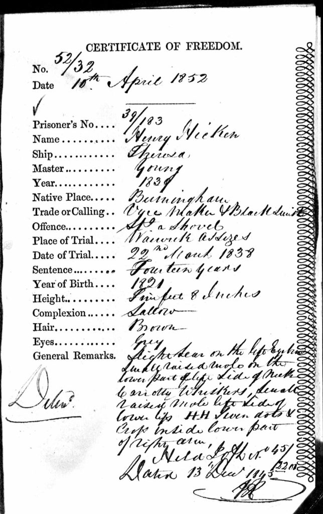 A copy of henry Hicken's Certificate of freedom.