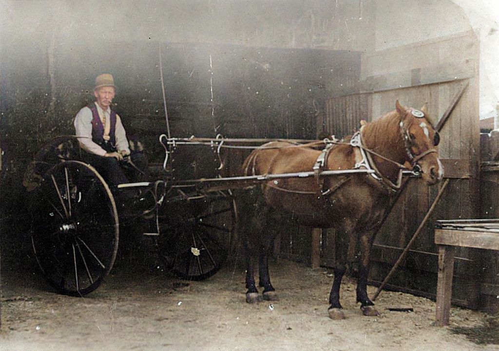 A photograph of John Hickin sitting on a horse and dray c. 1914.