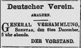 A notice written in German for the German Association, Araluen, General Meeting Sunday, December 6, 1863, 5 p.m. The Executive Committee