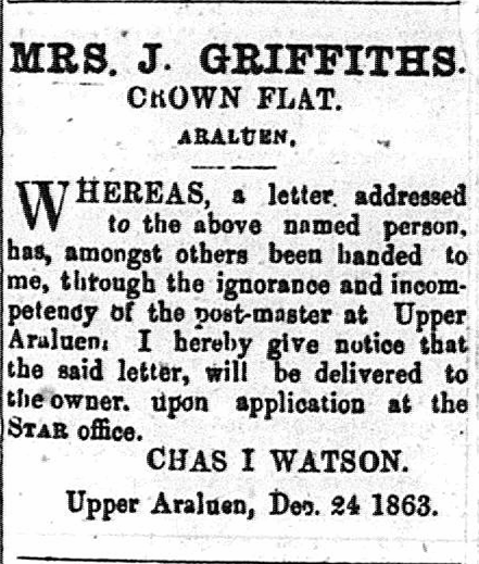 A letter available for pick up at the Star office in December 1863