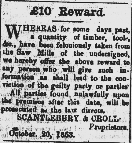 A notice placed by Scantlebury and Croll offering a reward for assistance following the loss of goods