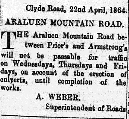 A notice of the Araluen Mountain Road Closure in April 1864