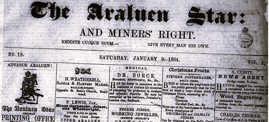 The masthead for the Araluen Star and Miners Right Edition 19 in January 1864