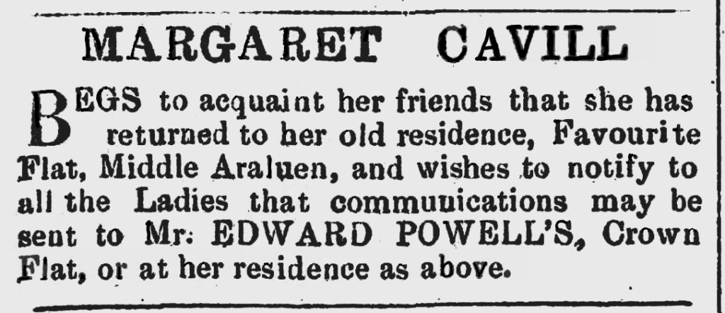 An advertisement placed by Margaret Cavill in March 1862