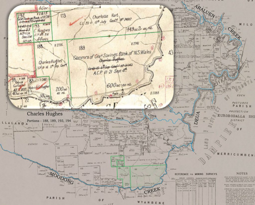 A map showing Charles Hughes' Land Portions 188, 189, 193 and 194 at Moodong Creek.
