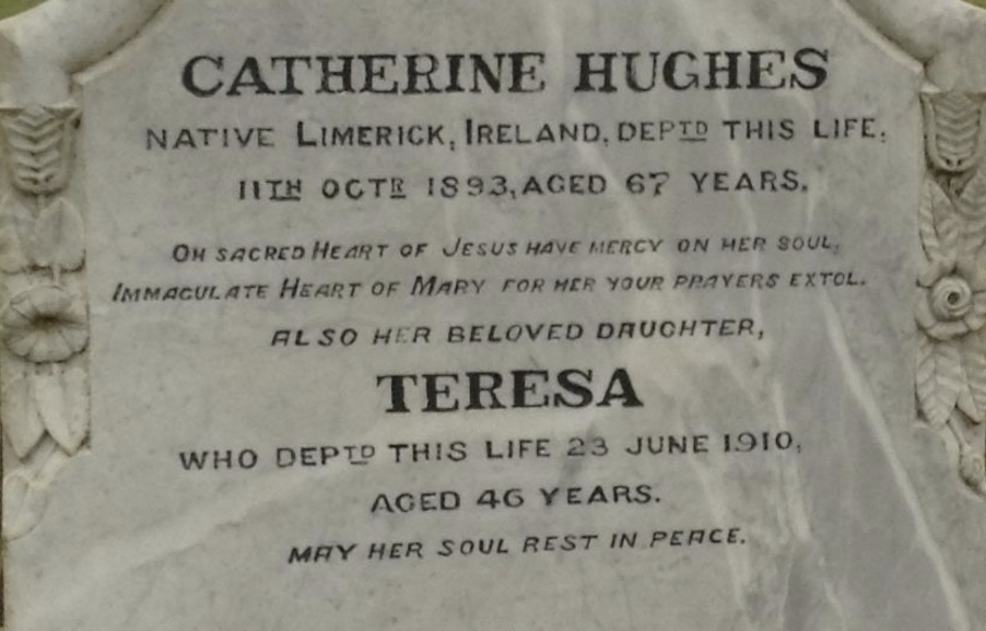 The headstone for Catherine Hughes nee Mackey (1836 – 1903) and her daughter Theresa Hughes (1862 – 1910) at rest at Araluen's Catholic Cemetery.