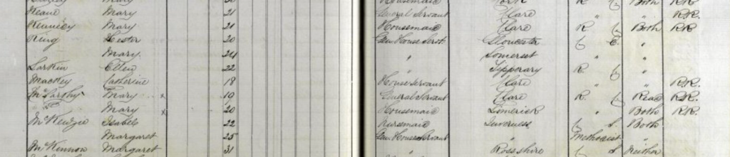 The list of passengers showing Catherine Mackey who arrived in NSW on the 21 December 1858, on the ship the Forest Monarch aged 18.