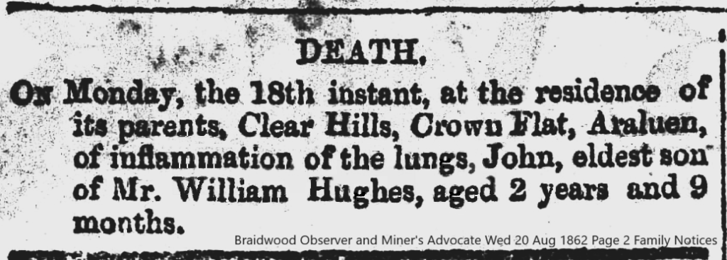 A newspaper notice informing of the death of John Hughes aged 2 years and 9 months.