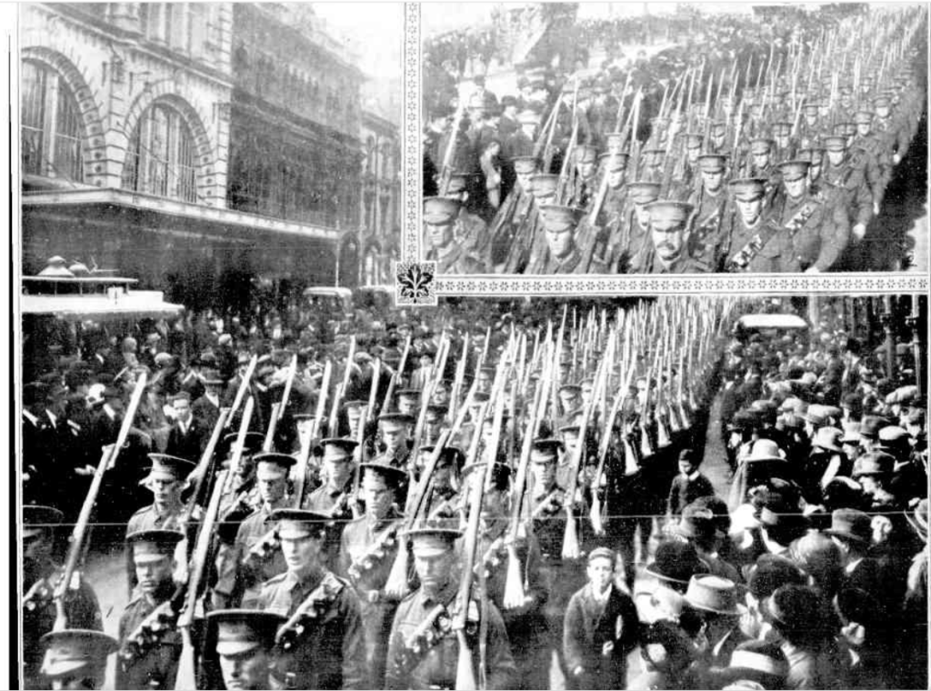 A picture from the newspaper showing the Siege Artillery Brigade marching through Melbourne city on 15 July 1915