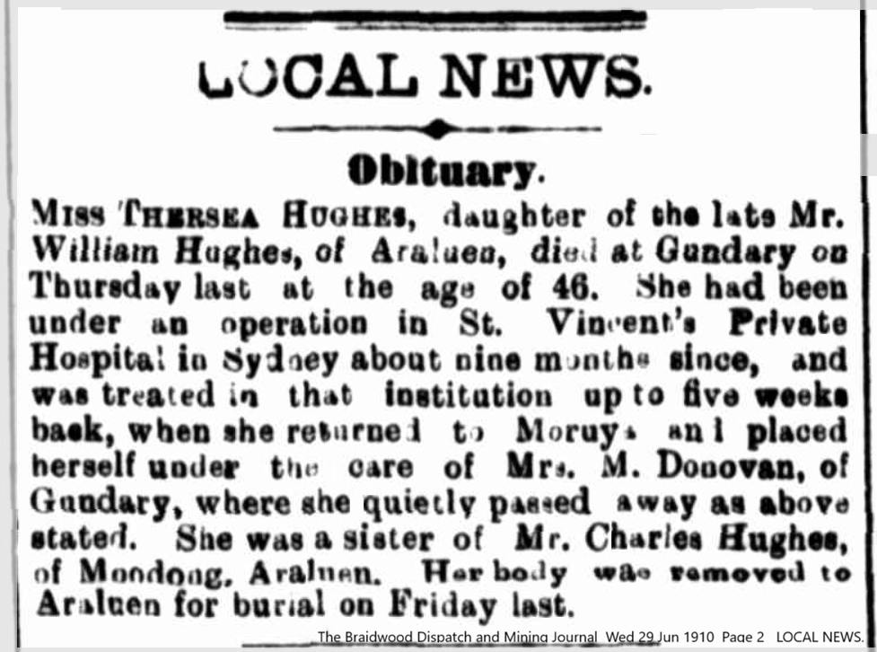 A newspaper notice informing of the death of Miss Theresa Hughes aged 46 years.