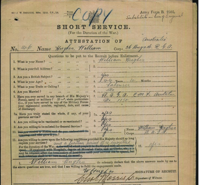 A picture of the attestation papers for William Hughes (1863 – 1937) upon enlistment from the Royal Australian Garrison Artillery in June 1915.