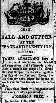 The Peace and Plenty Hotel advertising free admission to a Ball and Supper in September 1861